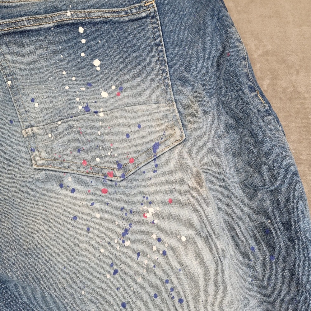 Smoke Rise Mens Distressed Paint Splatter Rhinestone Script Jeans Blue 43x33 - Picture 5 of 9